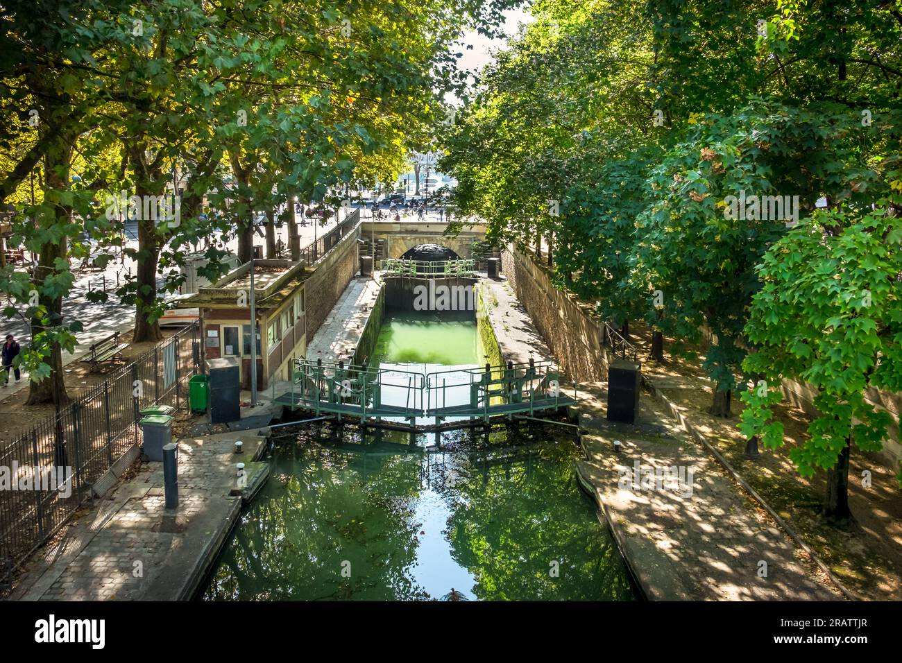 Paris, France, Oct 2022, view of the Écluses of la Villette a floodgate on the Canal Saint-Martin Stock Photo