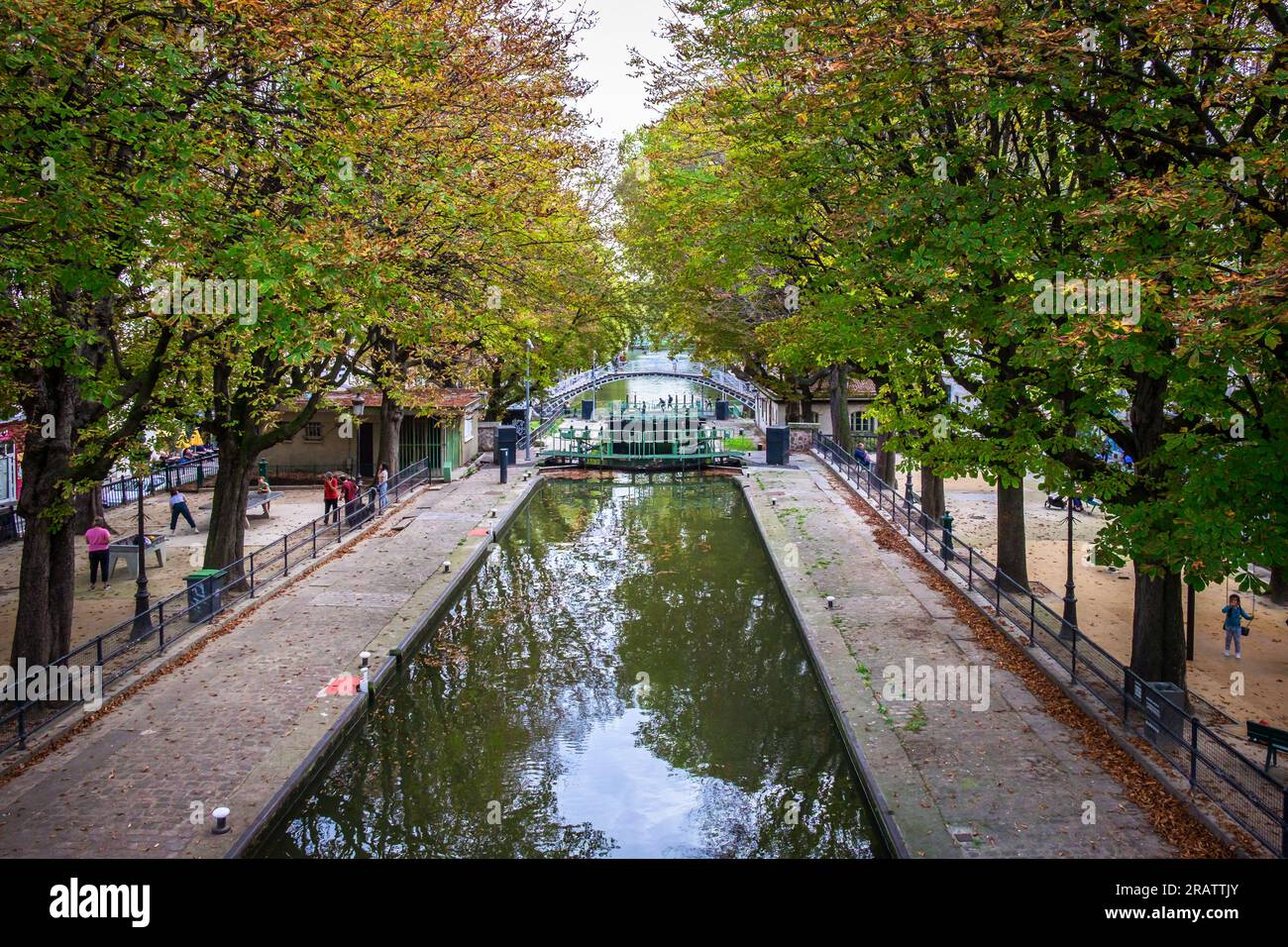 Paris, France, Oct 29th 2022, view of the écluse des Récollets, a floodgate on the Canal Saint-Martin Stock Photo