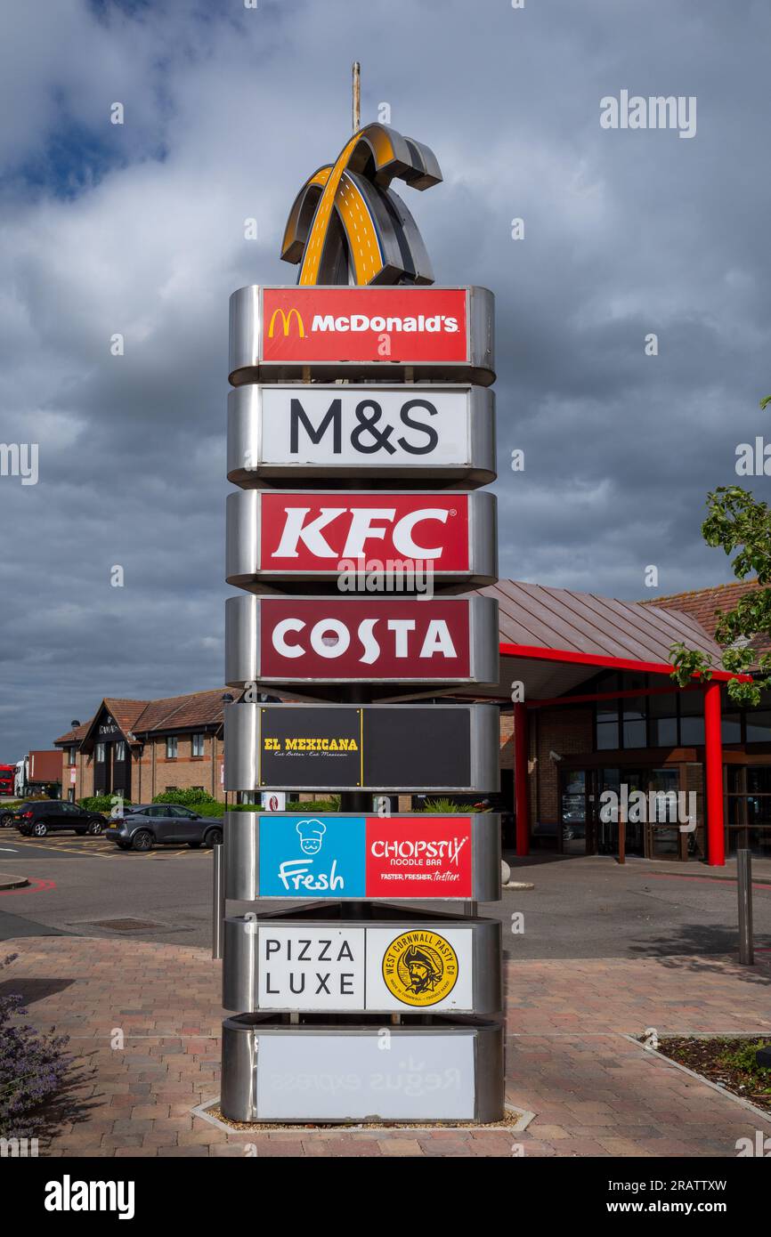 Motorway Services Retailers at Cambridge Services on the M11 Motorway. McDonalds M&S KFC Costa. Extra Motorway Services. Stock Photo