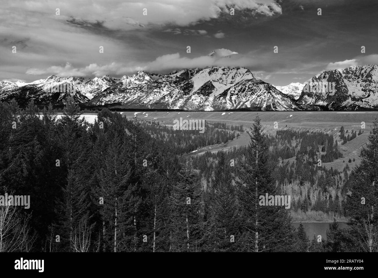 Snake River Overlook in Grand Tetons National Park in Wyoming. Ansel Adams took a famous black and white photograph from this same location. Stock Photo