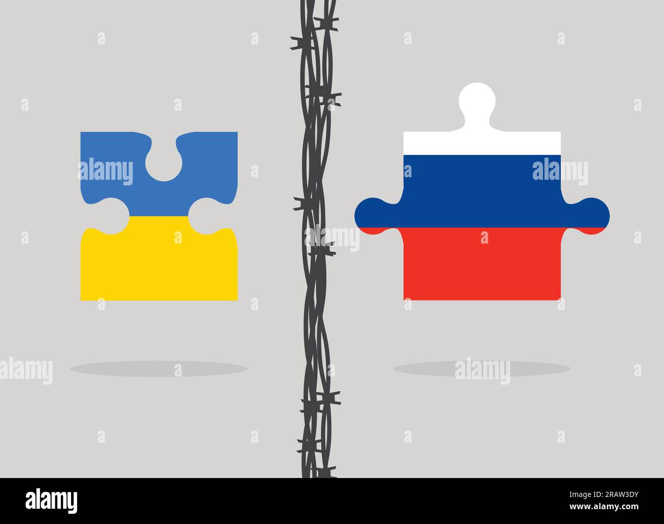 two puzzles with Ukraine and Russia flags separated by barbed wire - vector illustration Stock Vector