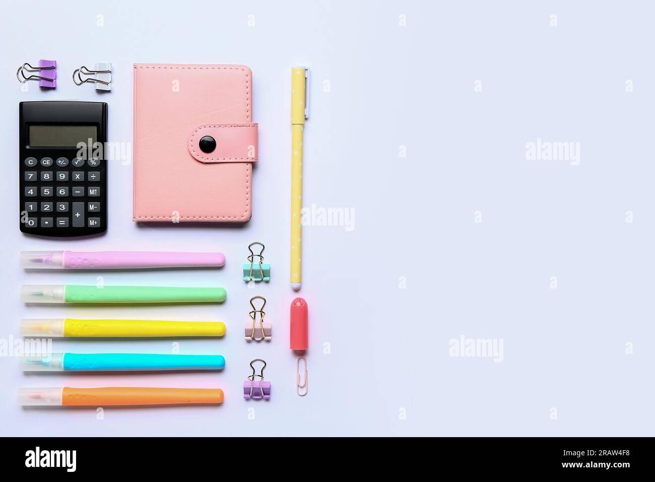 Modern calculator with different stationery on white background Stock Photo