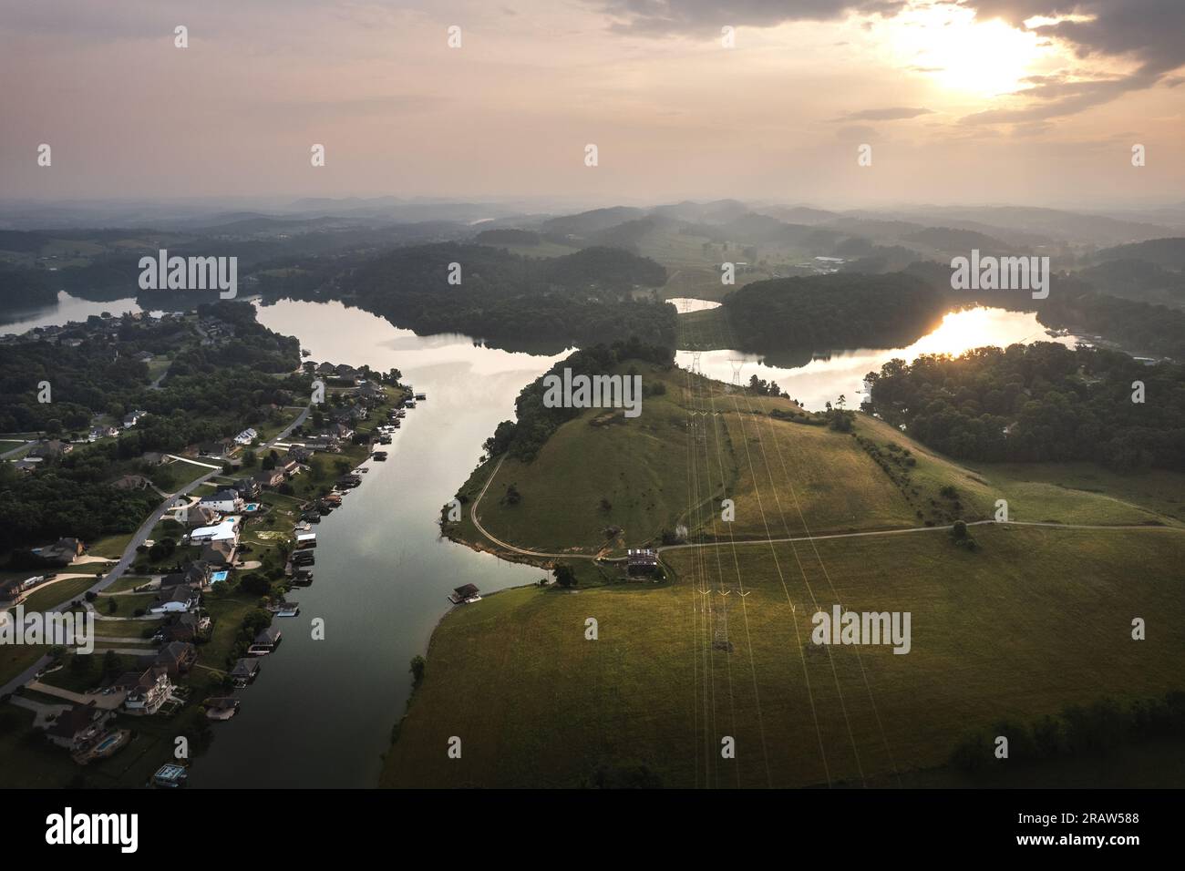 Sunrise in Johnson city, Tennessee, Aerial view of Boone lake and area