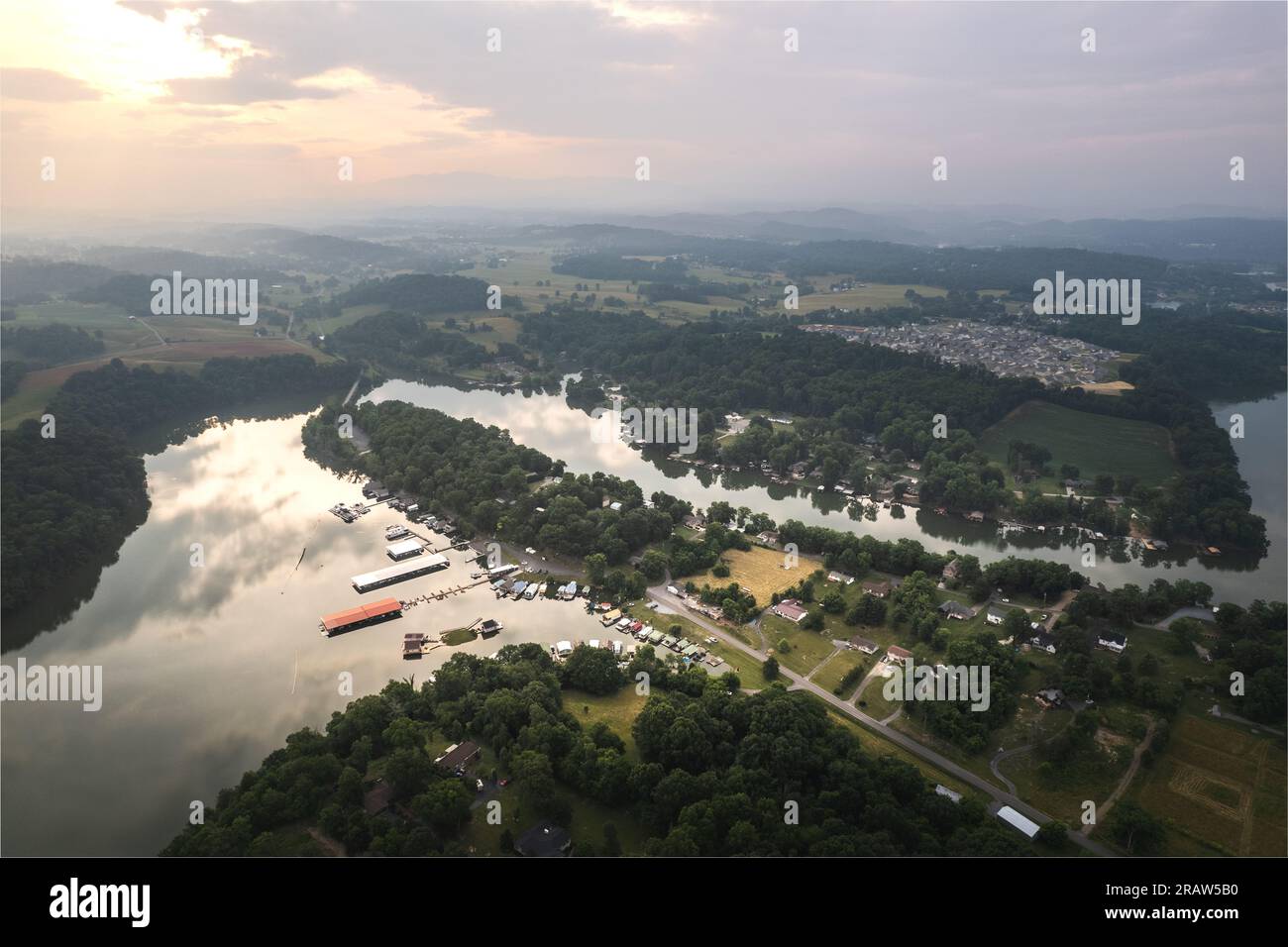 Sunrise in Johnson city, Tennessee, Aerial view of Boone lake and area