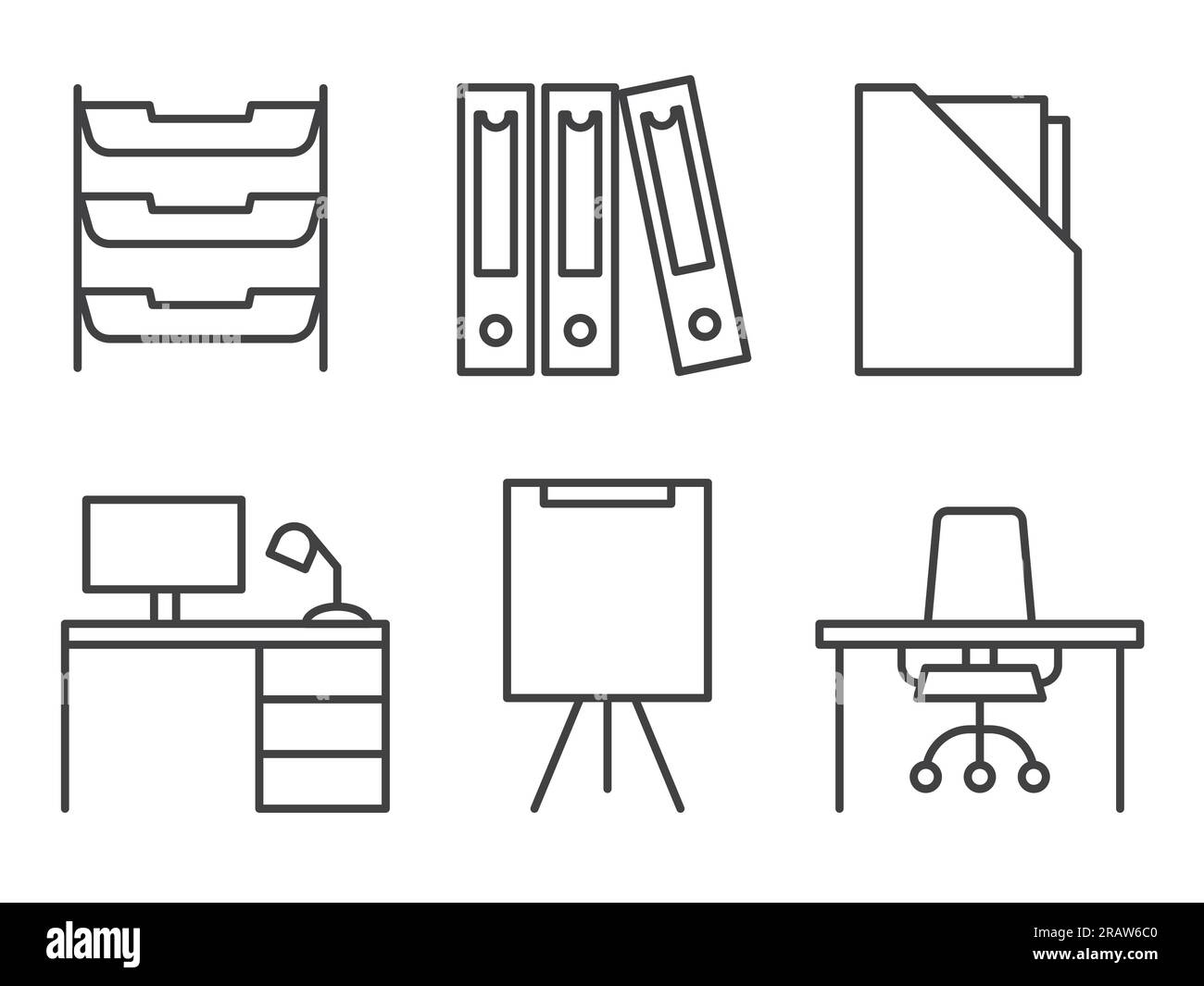 set of office equipment icons documents storage, desk, computer