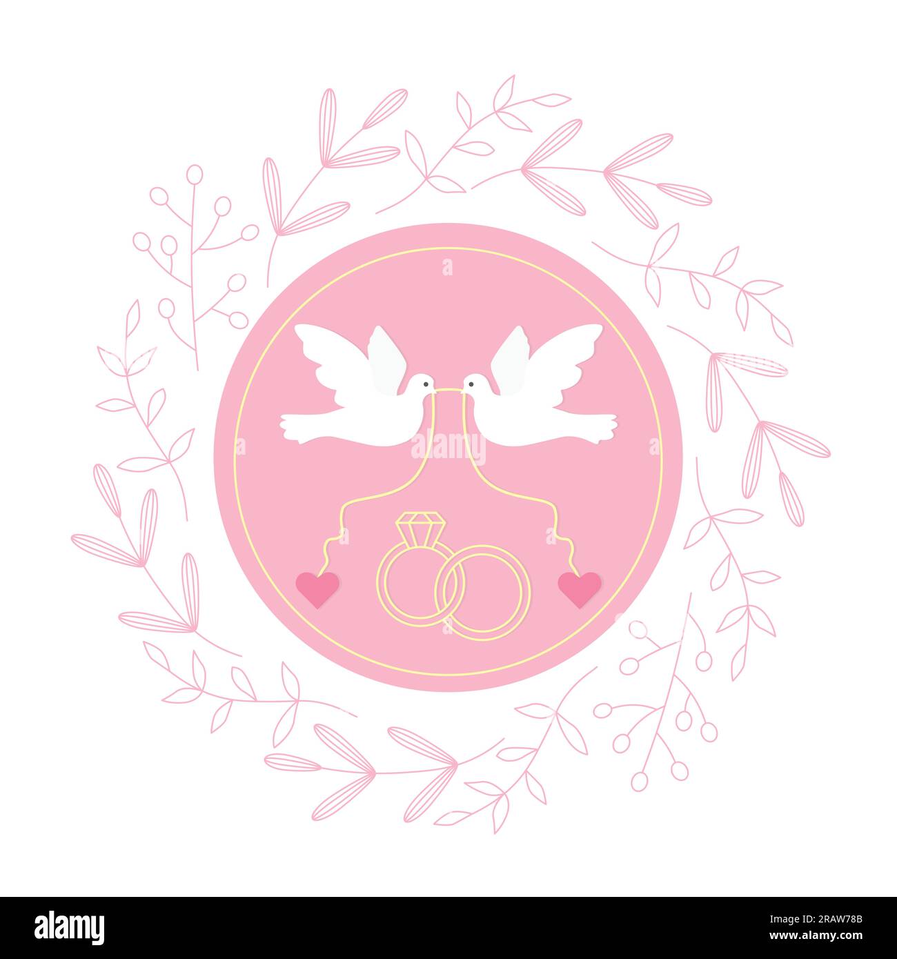 wedding invitation design template with two doves, rings and floral wreath-vector illustration Stock Vector