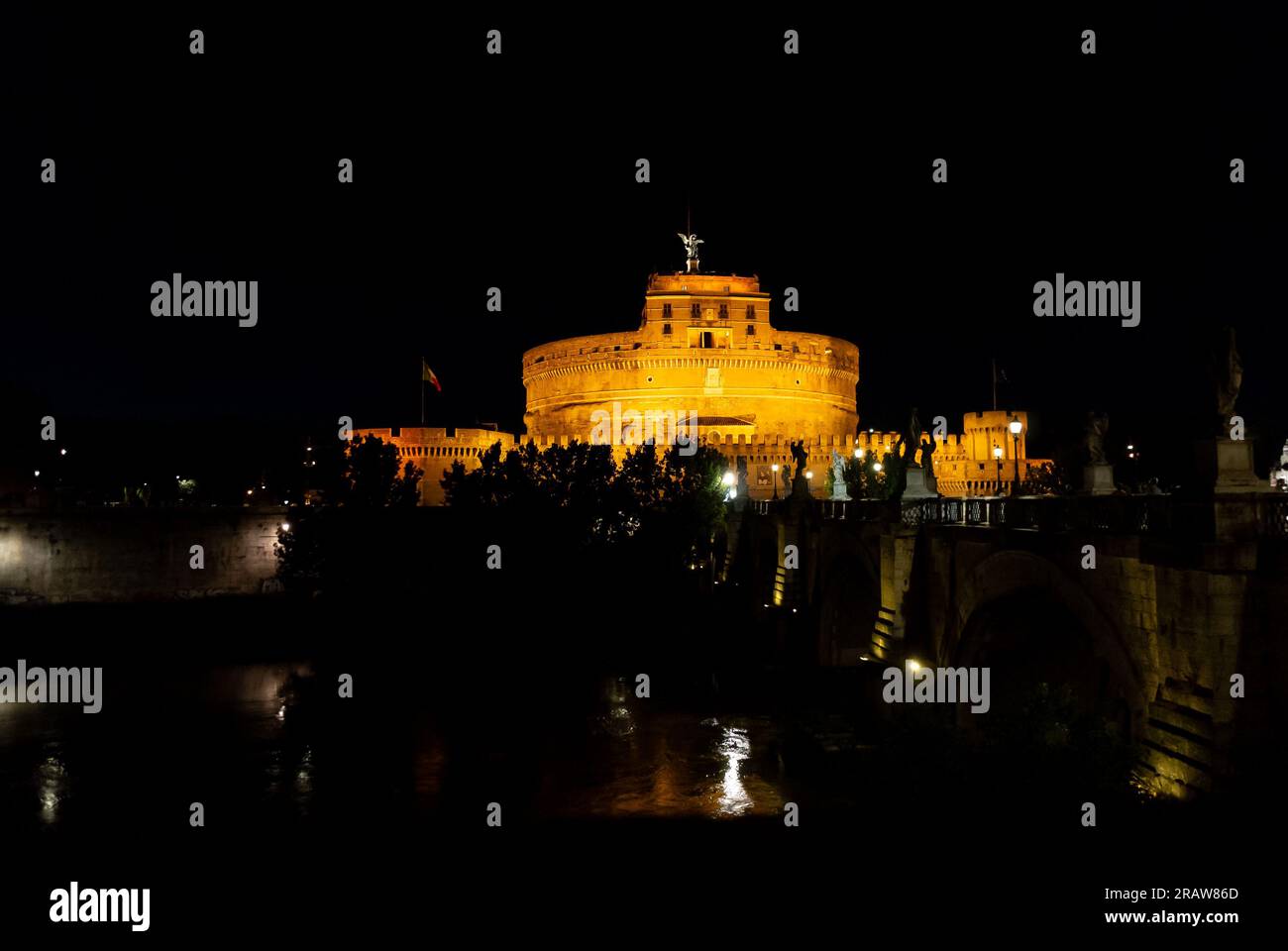 Rome, Lazio, Italy, A landscape with a castel sant'angelo that is called also as Mausoleum of Hadrian or Castle of the Holy Angel at night. Stock Photo