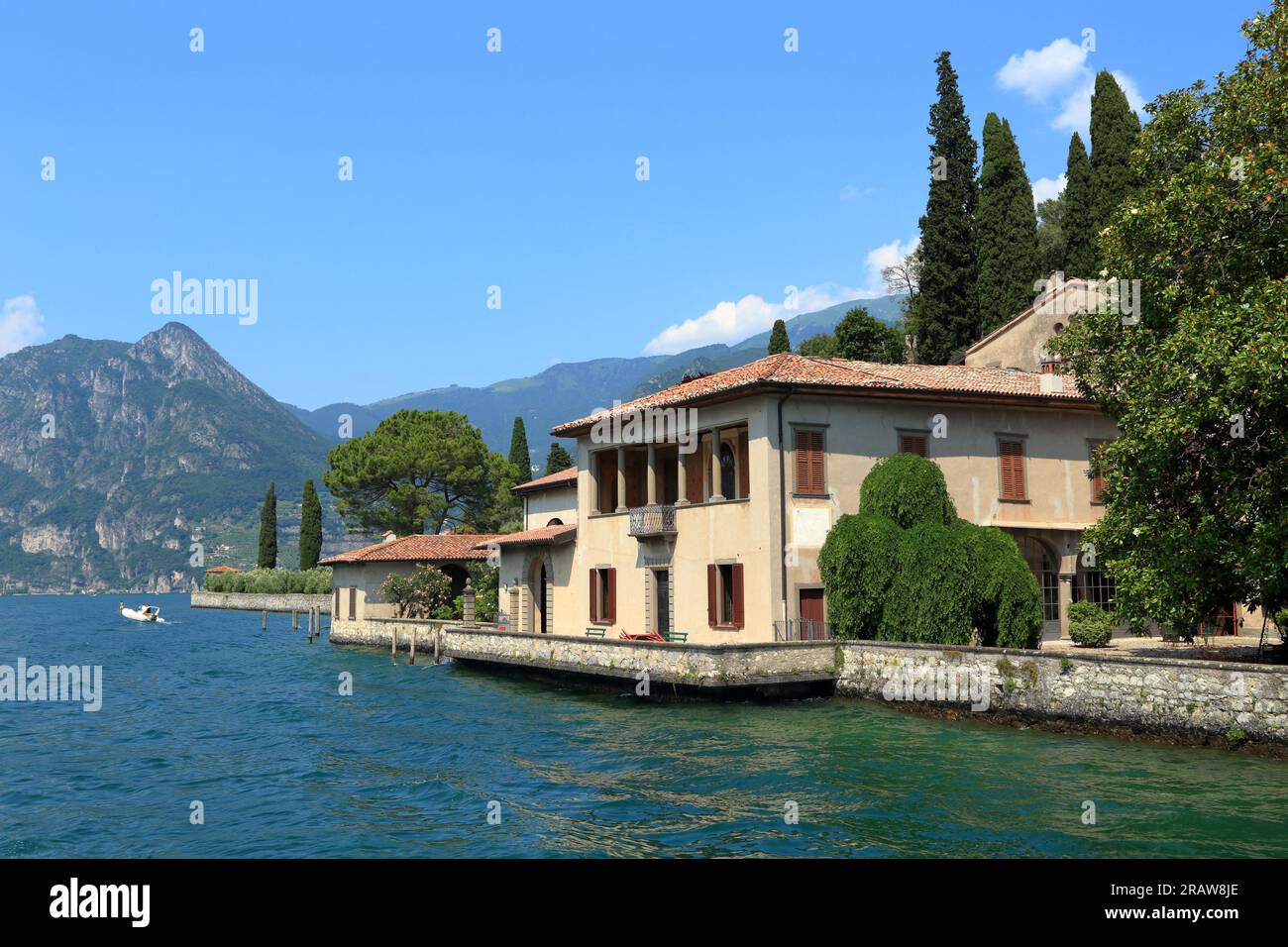 Lake Iseo, Siviano town, Villa Beatitudo. Lago d'Iseo, Iseosee, Italy. Monte Isola Stock Photo