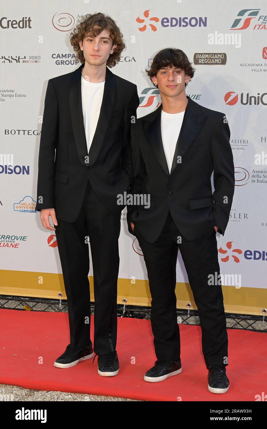 Rome, Italy. 05th July, 2023. Gabriele Pizzurro (L) and Samuele Segreto (R) attend the Globo d'Oro 2023 red carpet at Accademia Tedesca of Roma at Villa Massimo. Credit: SOPA Images Limited/Alamy Live News Stock Photo