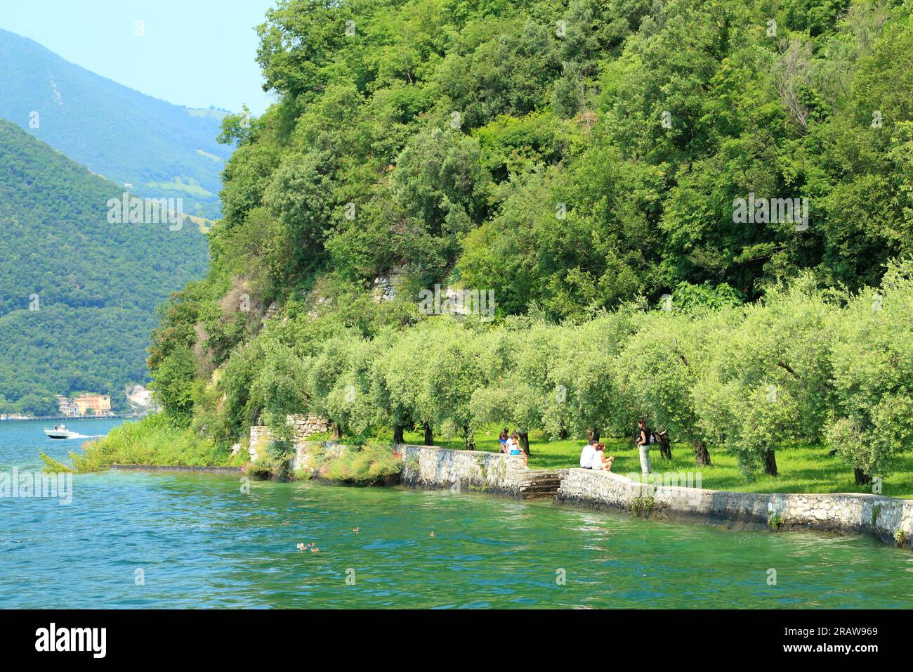 Lake Iseo, Sensole town. Lago d'Iseo, Iseosee, Italy. Monte Isola Stock Photo