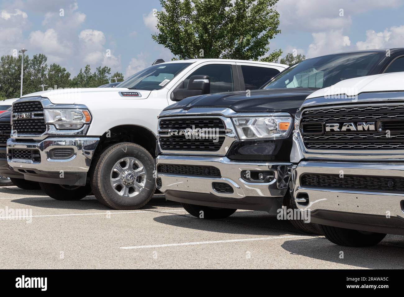 Indianapolis July 4, 2023 Ram pickup truck display at a Stellantis