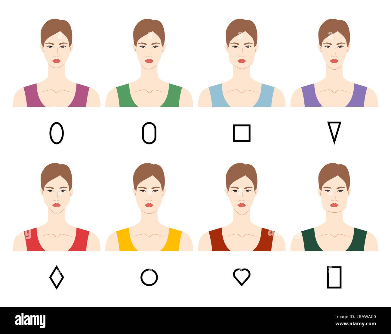 Set of Women faces shape types - head oval, oblong, square, inverted triangle, diamond, round, heart, rectangle. Female Vector illustration in cartoon style lady. Vector outline girl for fashion Stock Vector