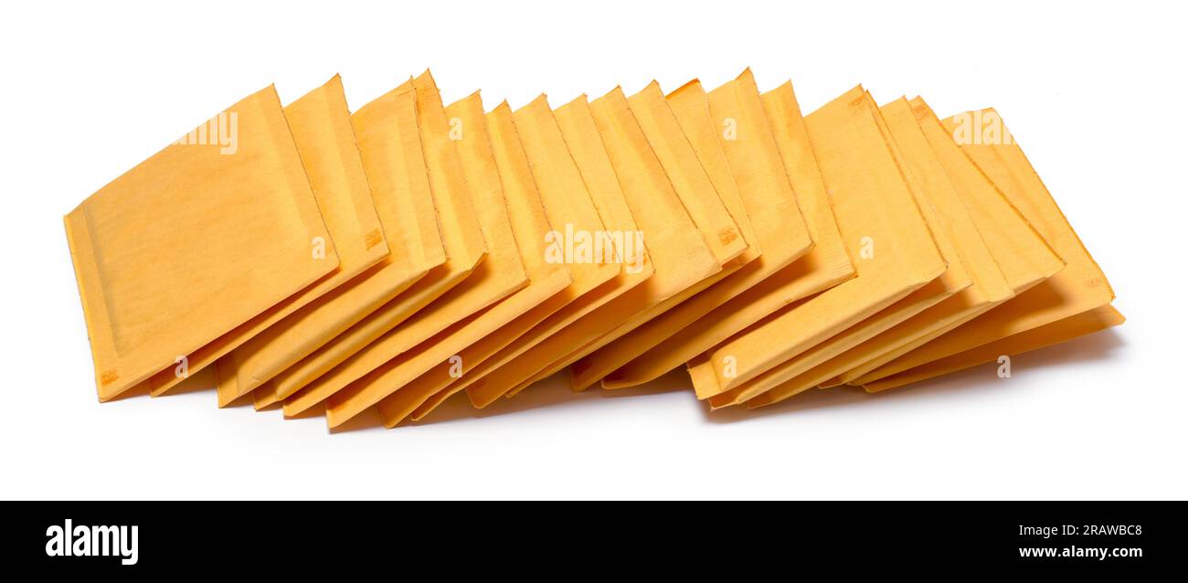 Yellow Padded Envelopes Cut Out on White. Stock Photo