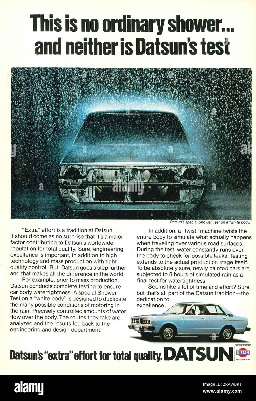 Datsunw car advert - Shower test - in a Natgeo magazine 1979 Stock Photo