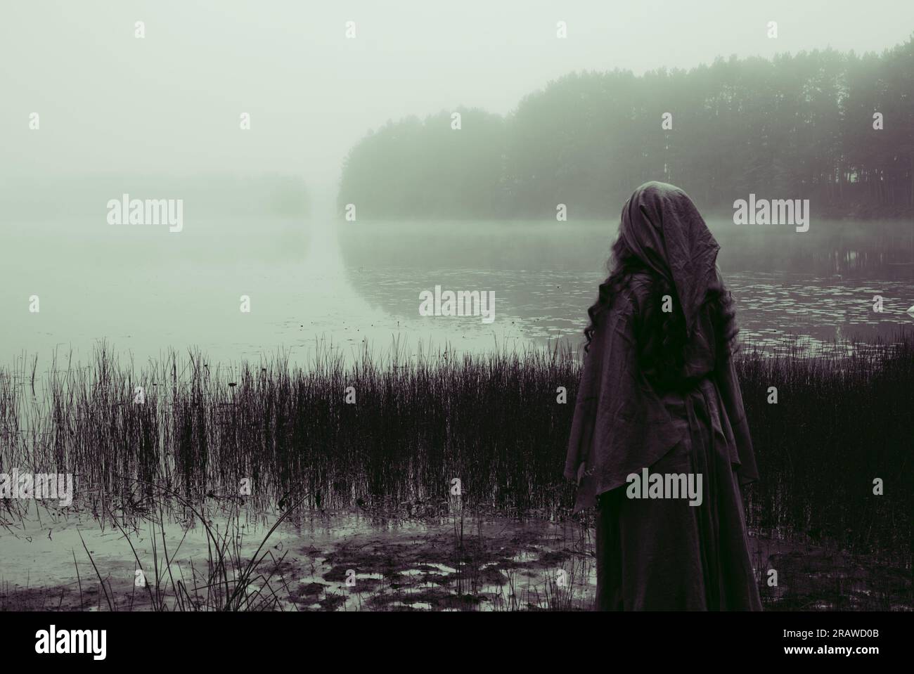 Medieval woman looking out over foggy lake. Mood of photo evokes old norse or pagan goddess worship. Stock Photo