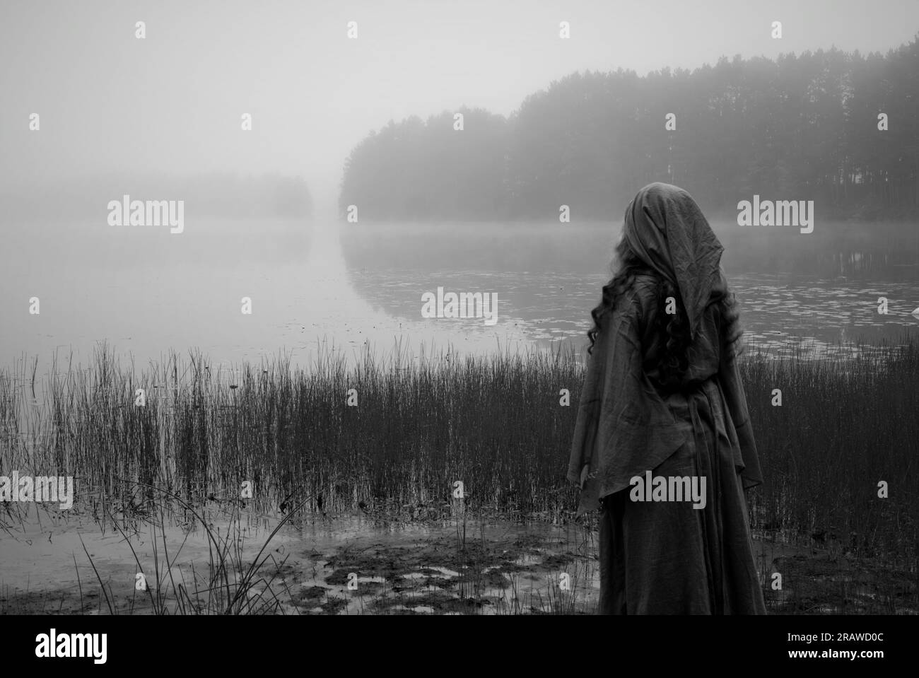 Medieval woman looking out over foggy lake. Mood of photo evokes old norse or pagan goddess worship. Stock Photo