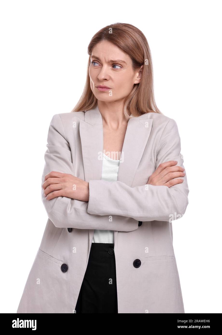 Beautiful businesswoman crossing arms on white background Stock Photo