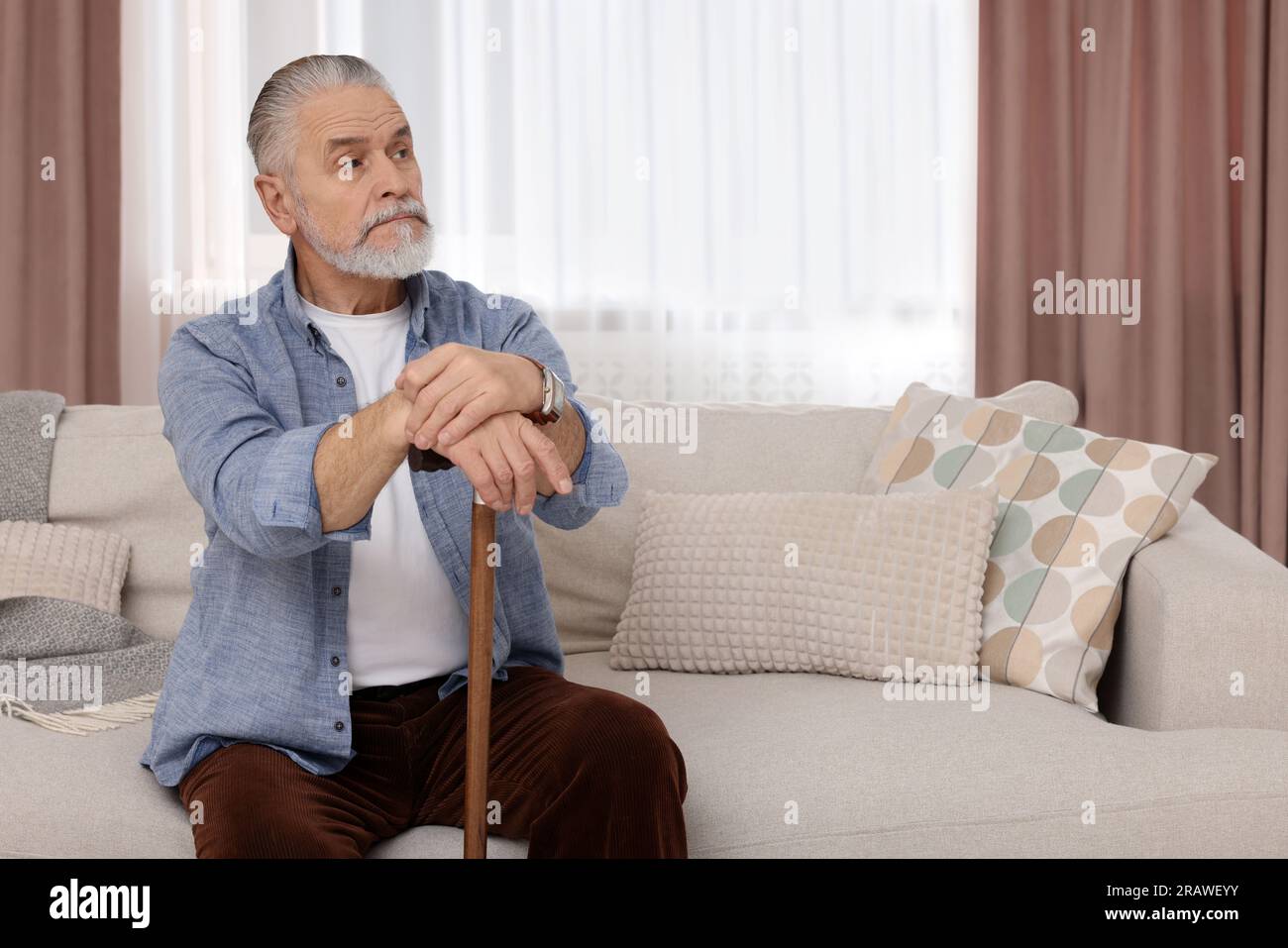 Senior man with walking cane sitting on sofa at home. Space for text ...