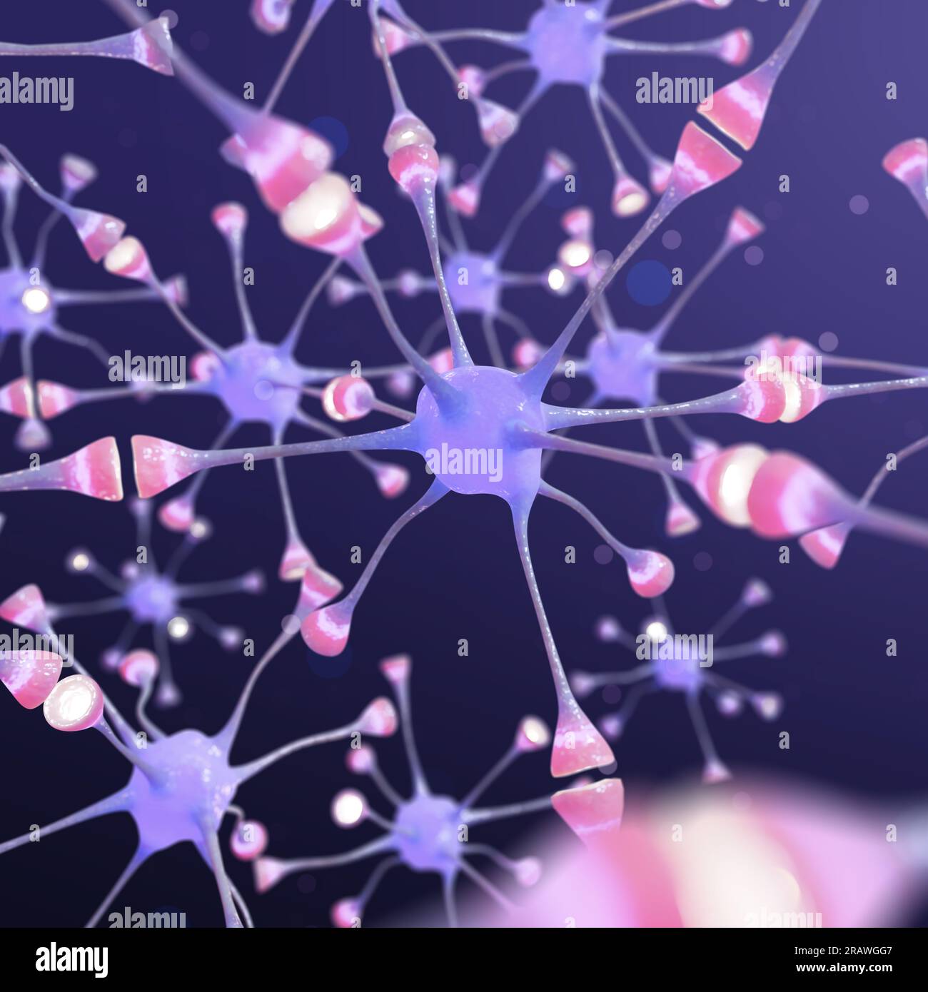 Neural network with synaptic connections on purple gradient background, illustration Stock Photo