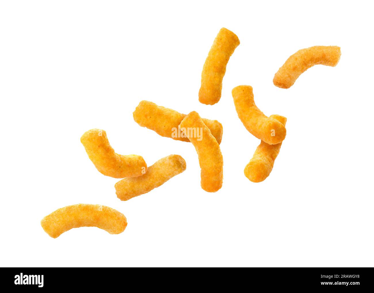 Many tasty corn sticks falling on white background Stock Photo