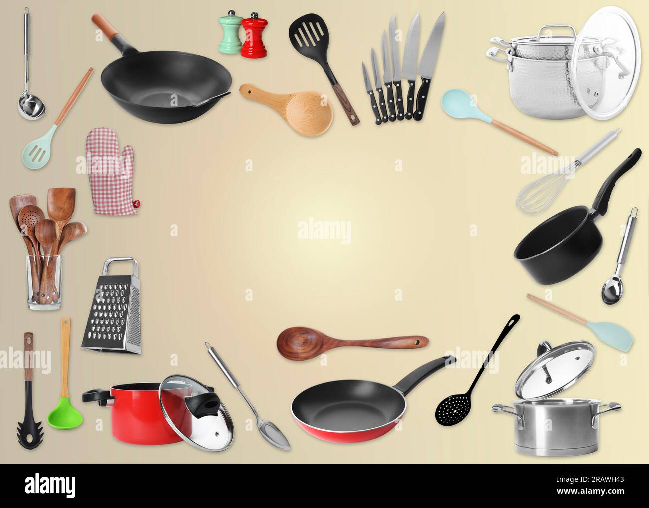https://c8.alamy.com/comp/2RAWH43/frame-of-different-kitchenware-on-beige-background-space-for-text-2RAWH43.jpg