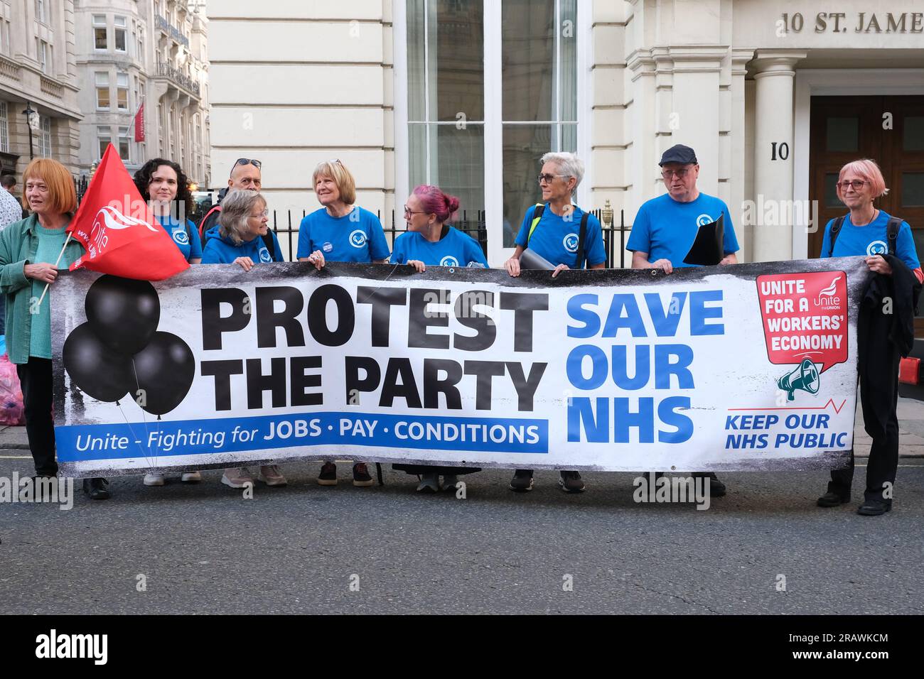 London, UK. 5th July, 2023. Unite the Union members staged a protest outside the members-only Carlton Club, where a Conservative Party NHS dinner was being held to celebrate the 75th anniversary of its founding. The pro-NHS protesters argue the chronic underfunding and below inflation pay has led to record numbers of staff vacancies. Credit: Eleventh Hour Photography/Alamy Live News Stock Photo