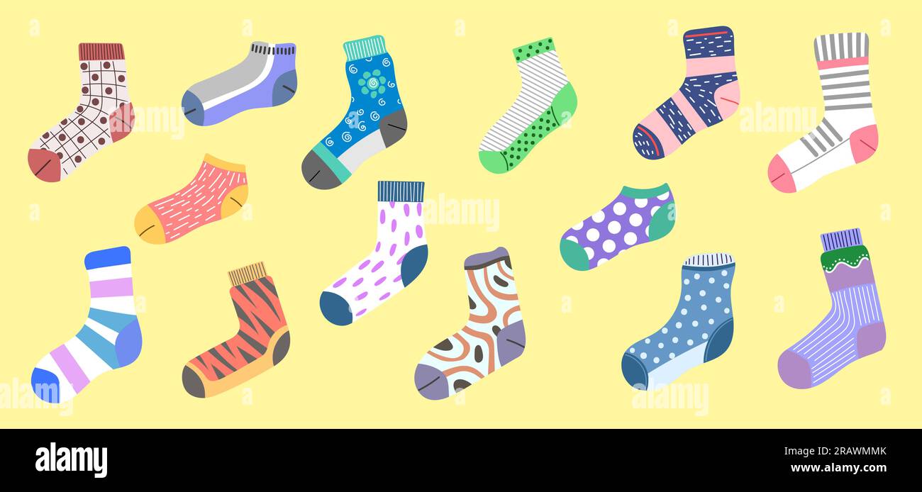Set of trendy warm socks with different types and textures made of cotton and wool Stock Vector