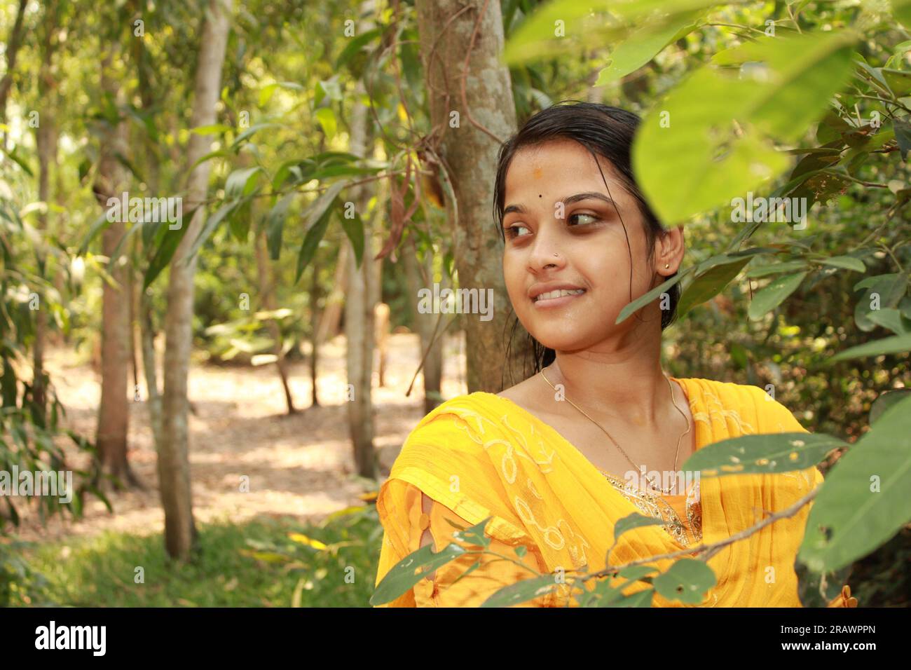 Portrait of a Indian girl standing behind tree Stock Photo - Alamy