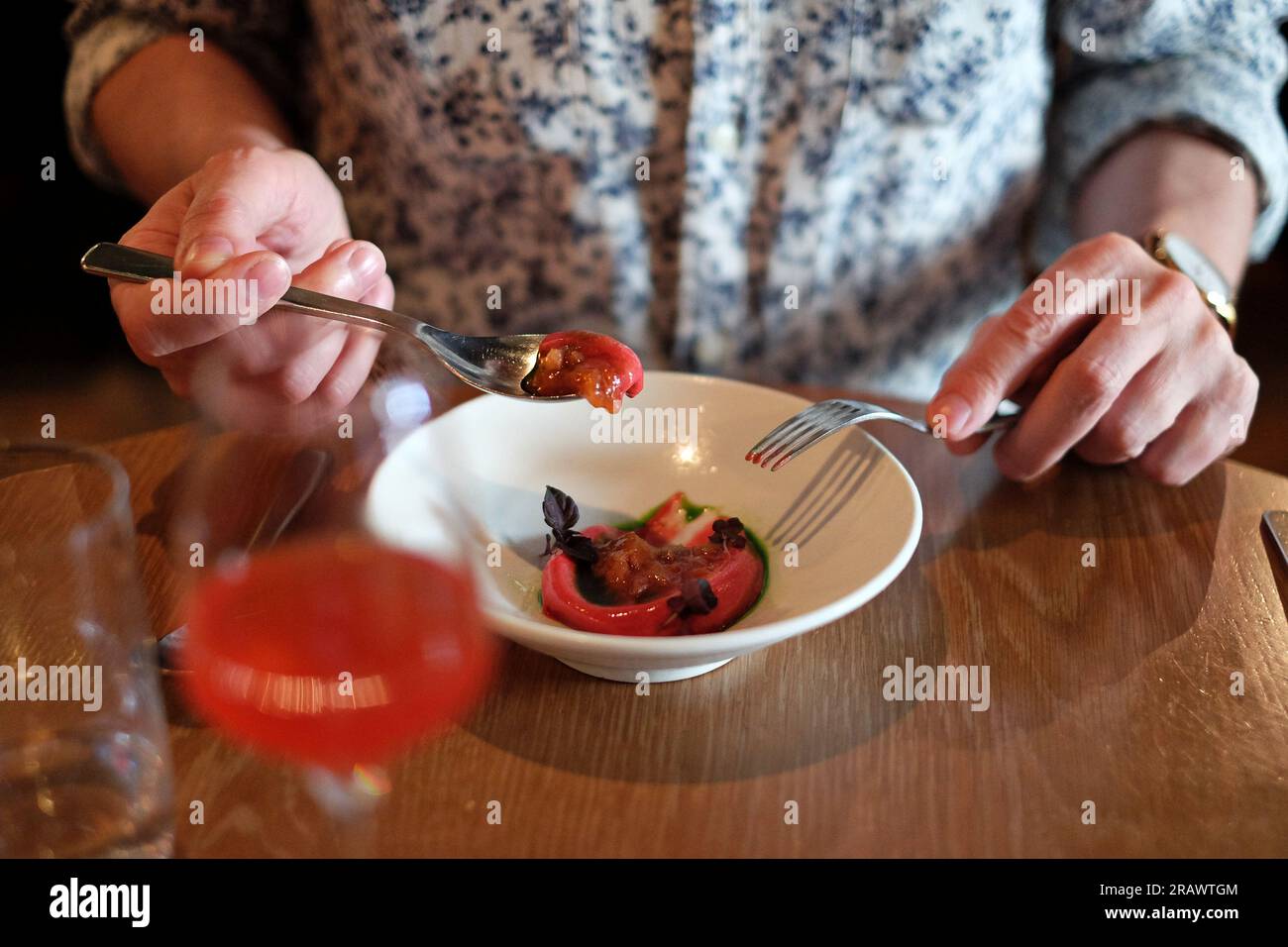Fine dining in Sydney. Dessert, Plum + Shiso + caramelised pear. Lunch At Yellow Vegan
