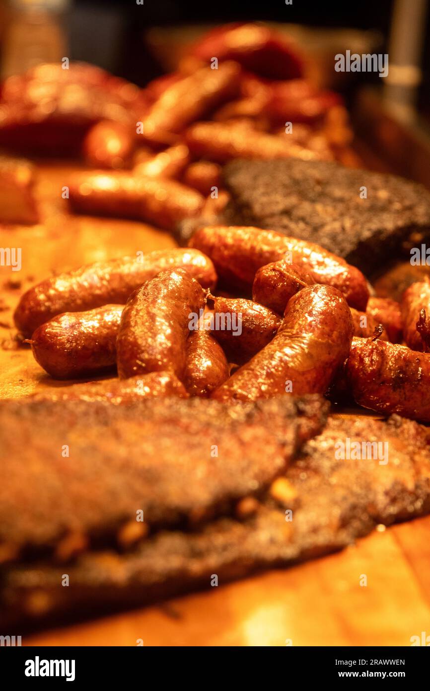 Ribs, sausage and other meats just cooked Stock Photo