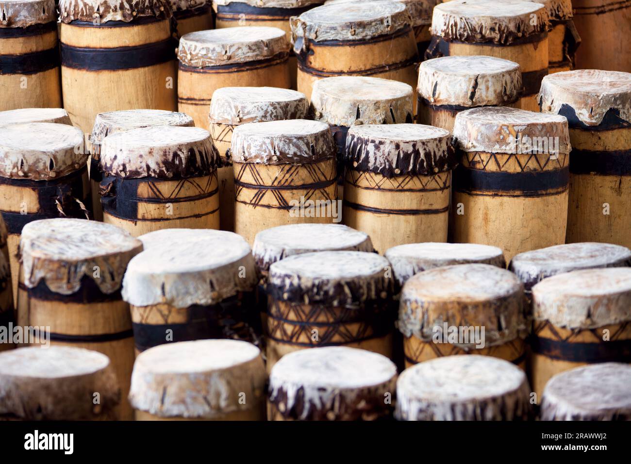 african art souvenirs for tourists group of drums  handmade from wood and leather Stock Photo
