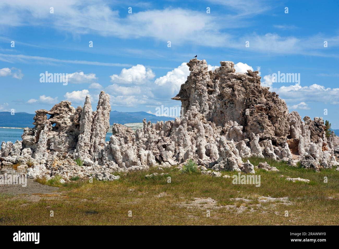 Tufas and receding water with Sierra Nevada mountains in background at Mono Lake, California, USA Stock Photo