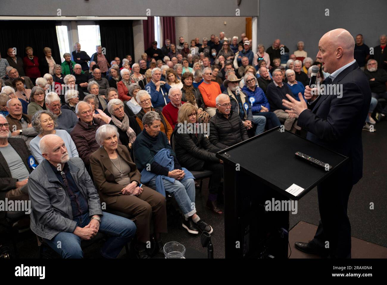 TAUPO, New Zealand - 6 July 2023: Christopher Luxon, the leader of New Zealand's main opposition party, the National Party speaks at a public meeting in the city of Taupo in the center of the country's North Island. The country heads to the polls on October 14. Picture: Giordano Stolley Stock Photo