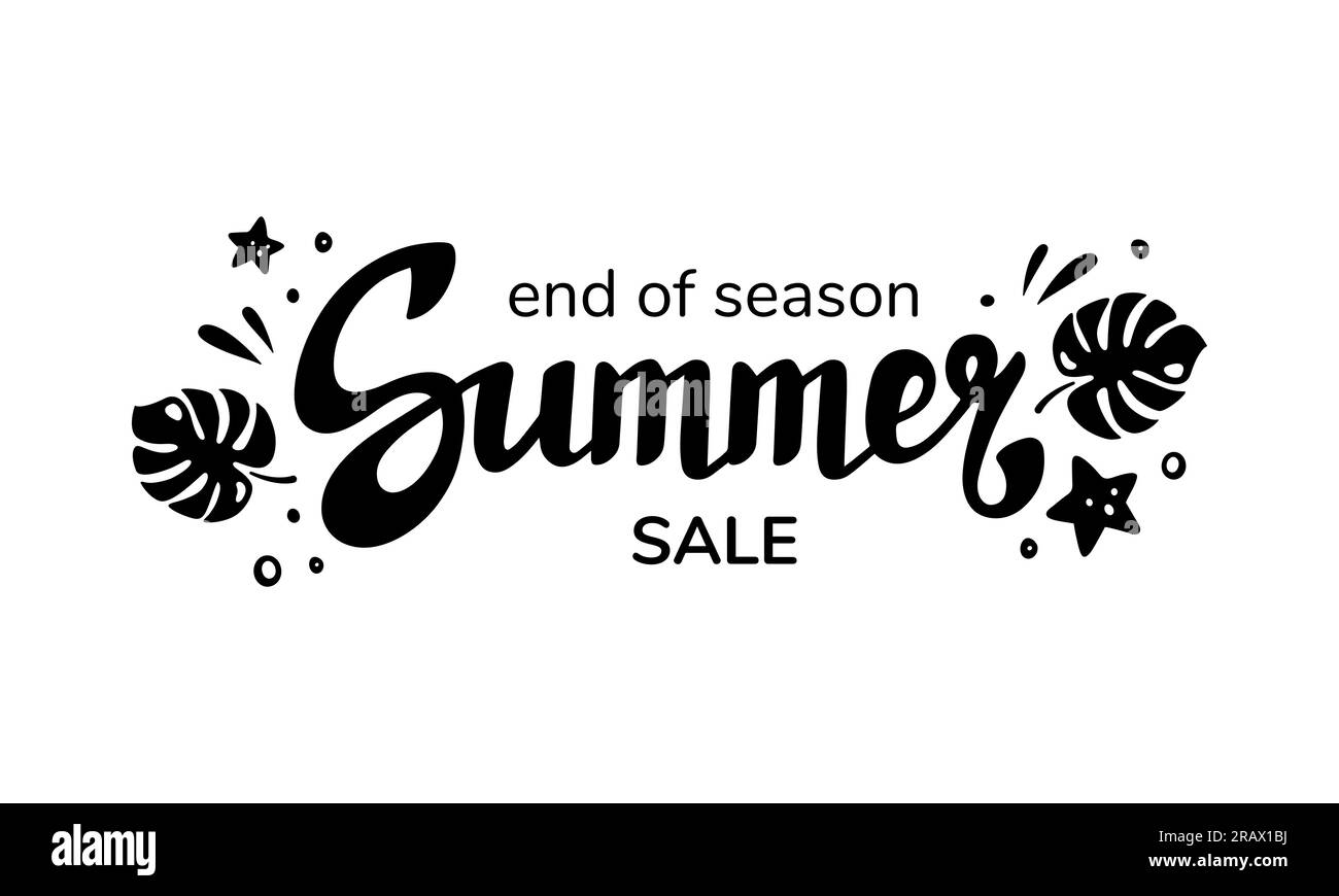 Summer end voucher lettering, logotype, print, label. Summer sales coupon design template, black white, vector illustration. Discount label with monstera leaves. Stock Vector