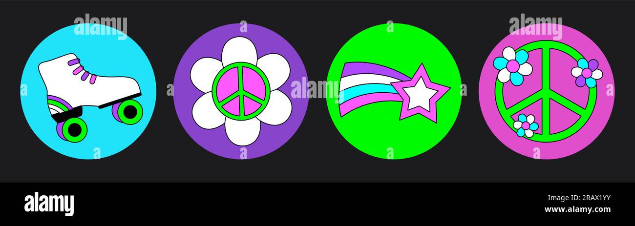 Groovy hippie circle sticker 70s set. Funny cartoon bright neon colors - flower, love, rainbow, peace, heart, daisy, mushroom, eye. Psychedelic pack Stock Vector