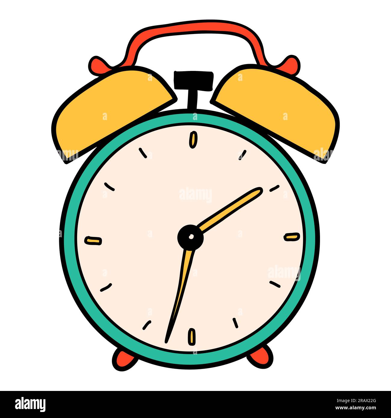 School alarmclock cartoon in doodle retro style. Back to school stationery element bold bright. Classic supplies for children education. Fun vector Stock Vector