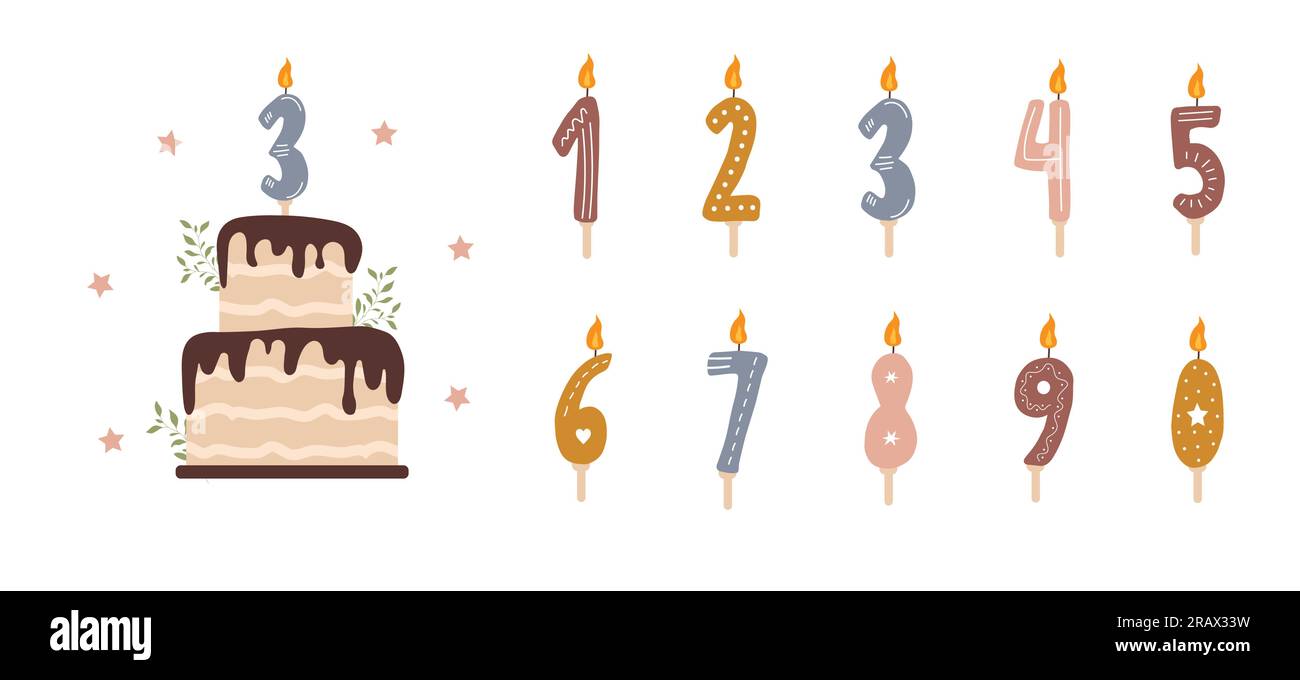 Birthday numbers candles with burning flames. Cute boho elements for