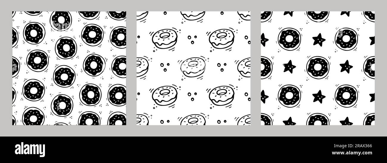 Hand drawn Donut pattern. Set of fast food seamless patterns. Comic ...