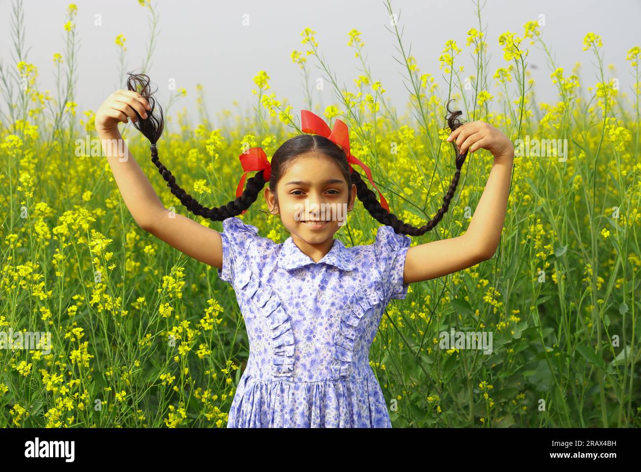 Happy rural Indian girl child standing in a beautiful mustard field filled with gorgeous yellow colored flowers Stock Photo