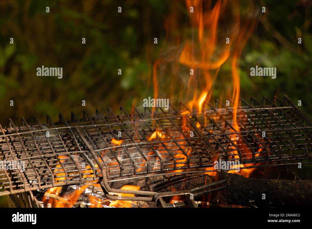 portable grill with firewood in the summer at a picnic in the forest in