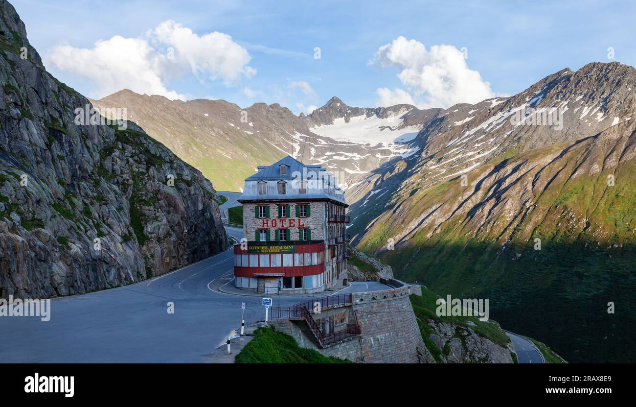 Belvedere Hotel at the turn of Furka pass in the Alps mountains of Switzerland Stock Photo Alamy