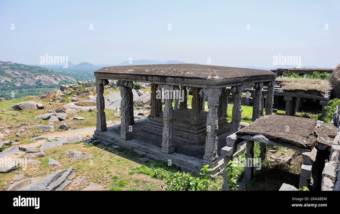 Temple Mandapa on the Top on the Gingee Fort or Senji Fort , Gingee, Villupuram, Tamilnadu, India. Stock Photo