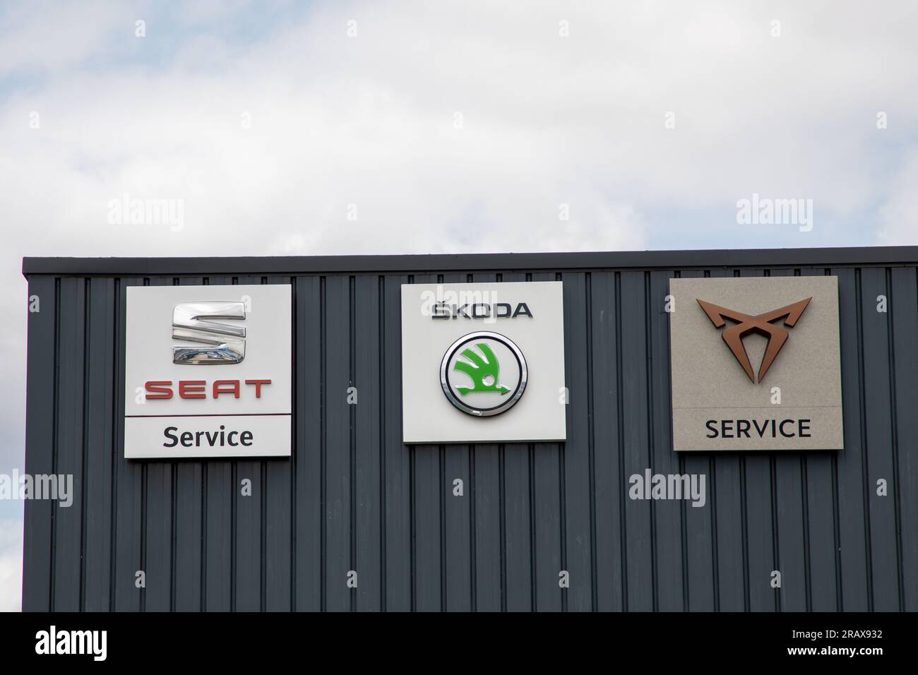 Bordeaux ,  France - 06 27 2023 : seat skoda and CUPRA service Car Brand logo text and sign of garage spanish sport car manufacturer station Stock Photo
