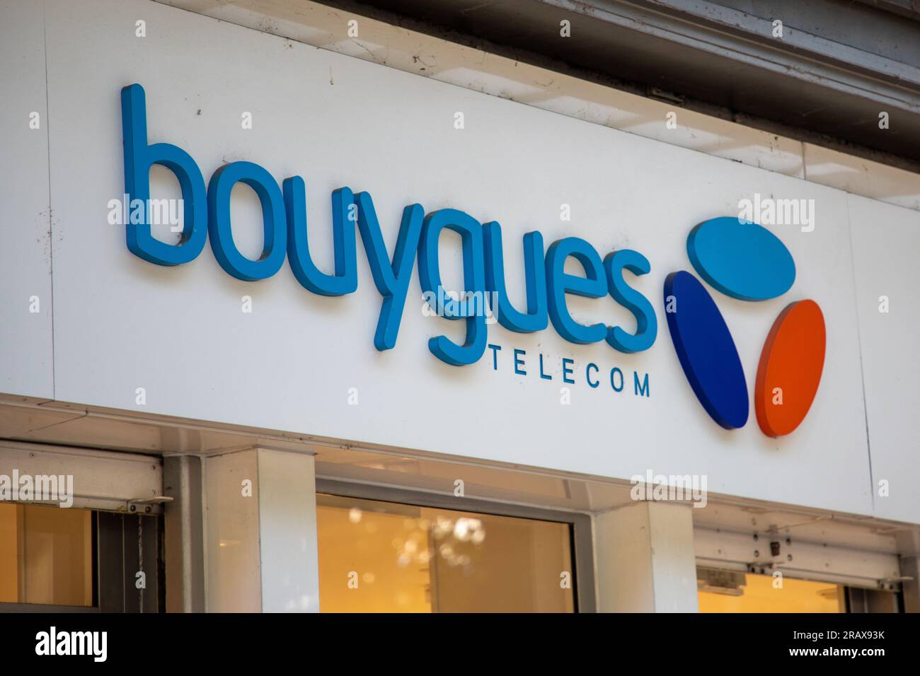 Bordeaux , France - 07 01 2023 : Bouygues telecom logo text and sign brand on entrance shop facade phone french operator store Stock Photo