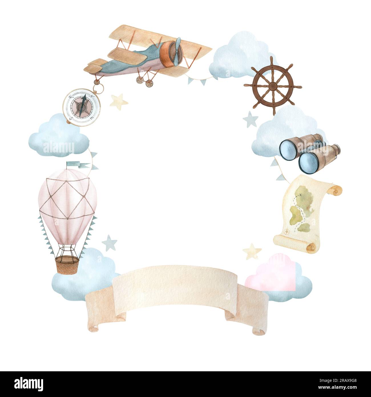 Watercolor illustration of wreath with flying vehicles and travel