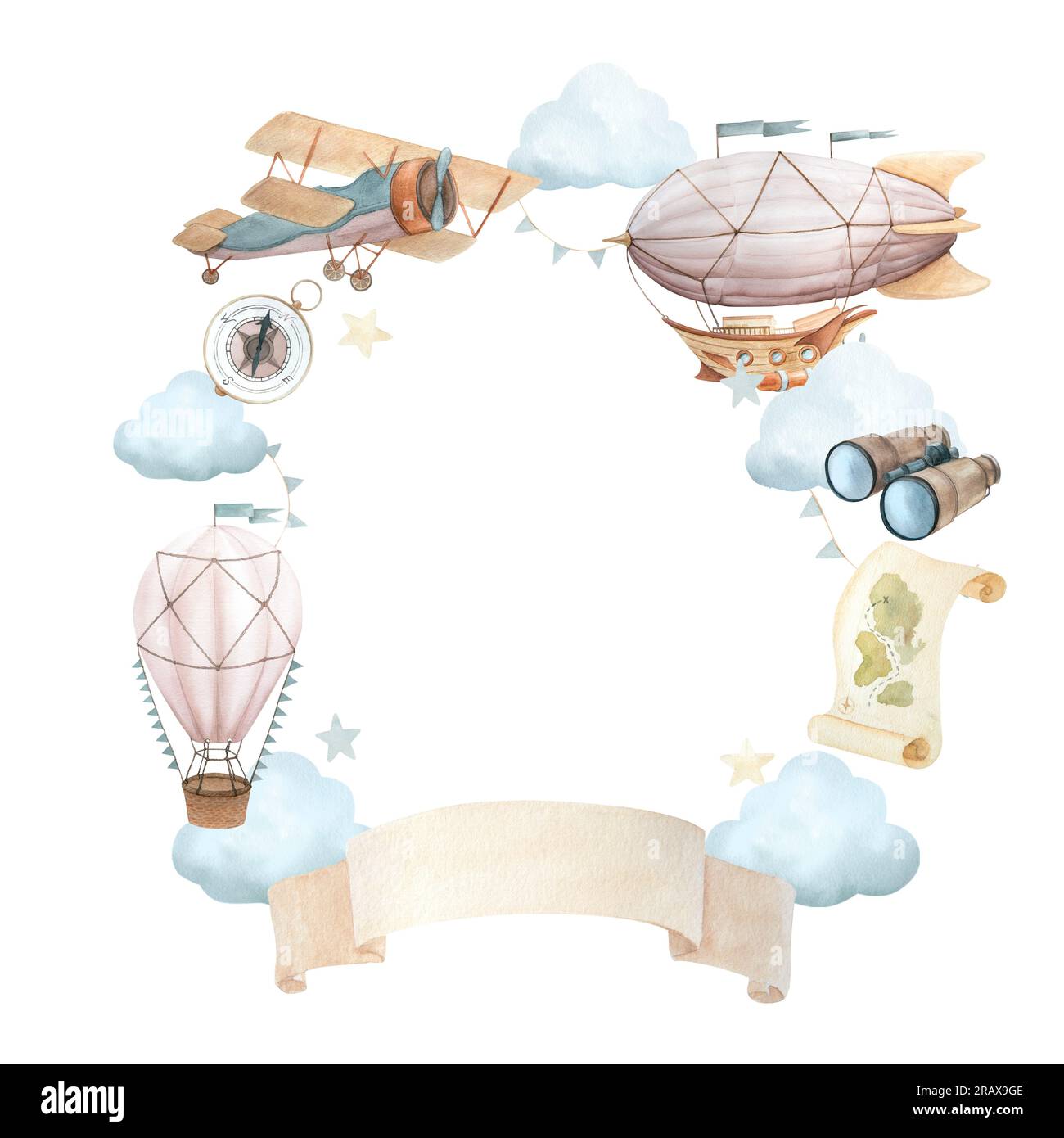 Watercolor illustration of wreath with flying vehicles and travel