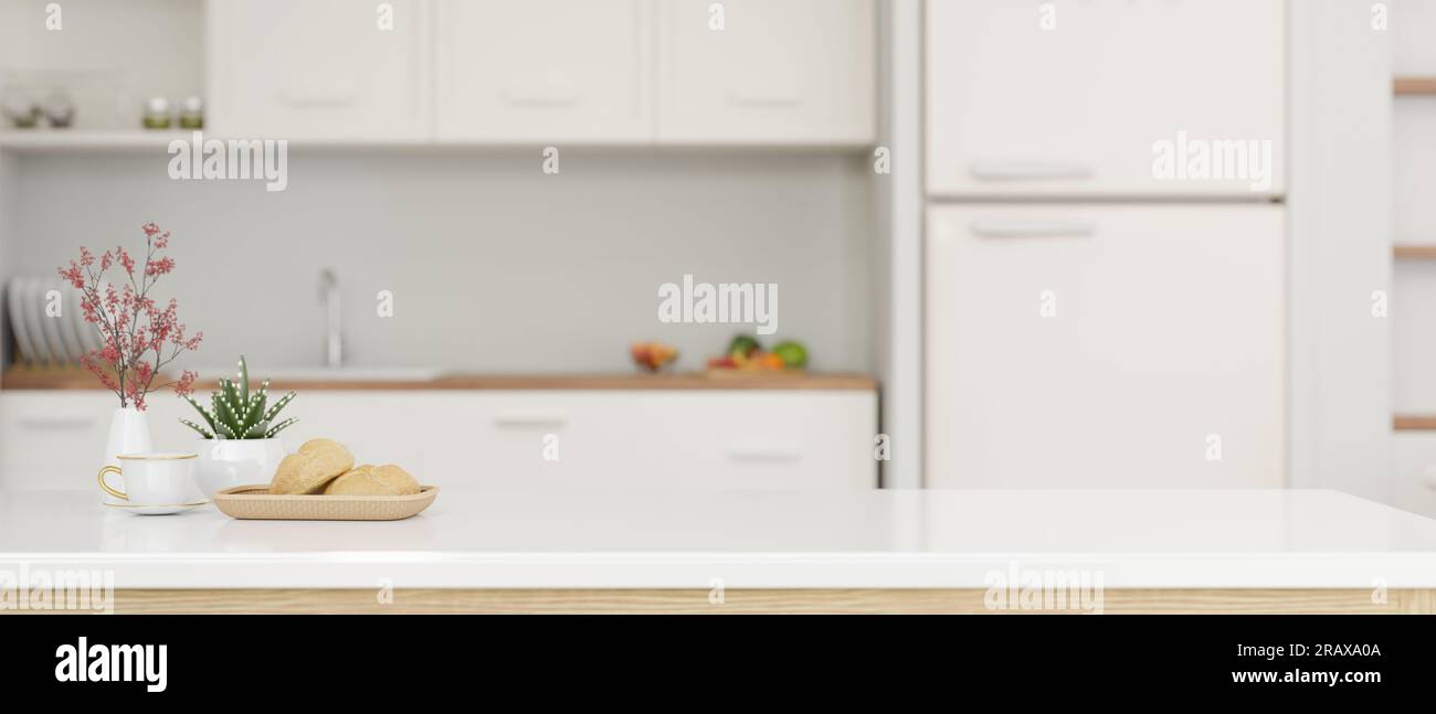 Close-up image of a copy space for product display on a white kitchen ...