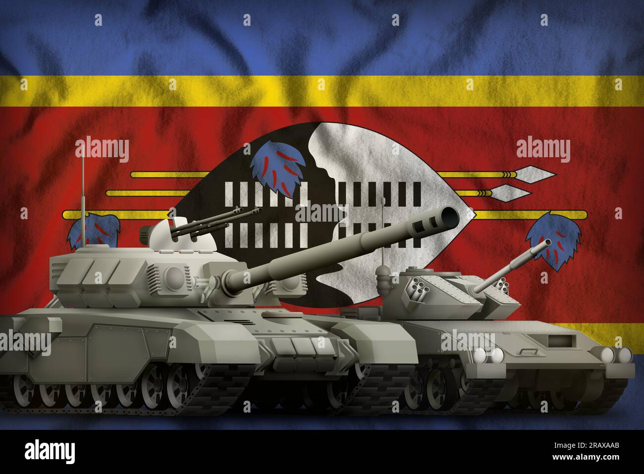 tanks on the Swaziland flag background. Swaziland tank forces concept. 3d Illustration Stock Photo