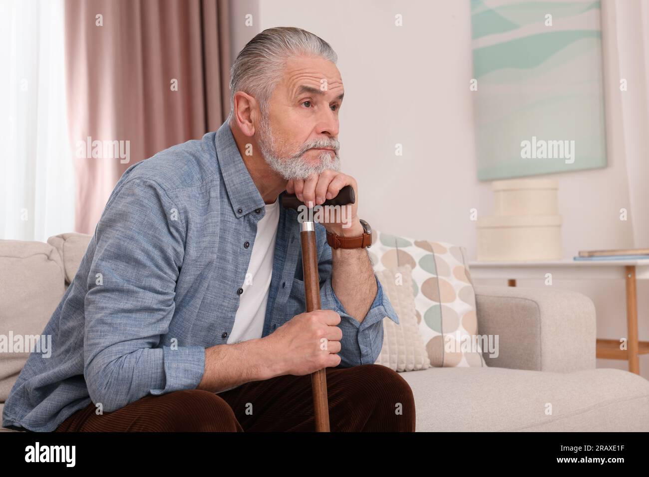 Senior man with walking cane sitting on sofa at home. Space for text ...