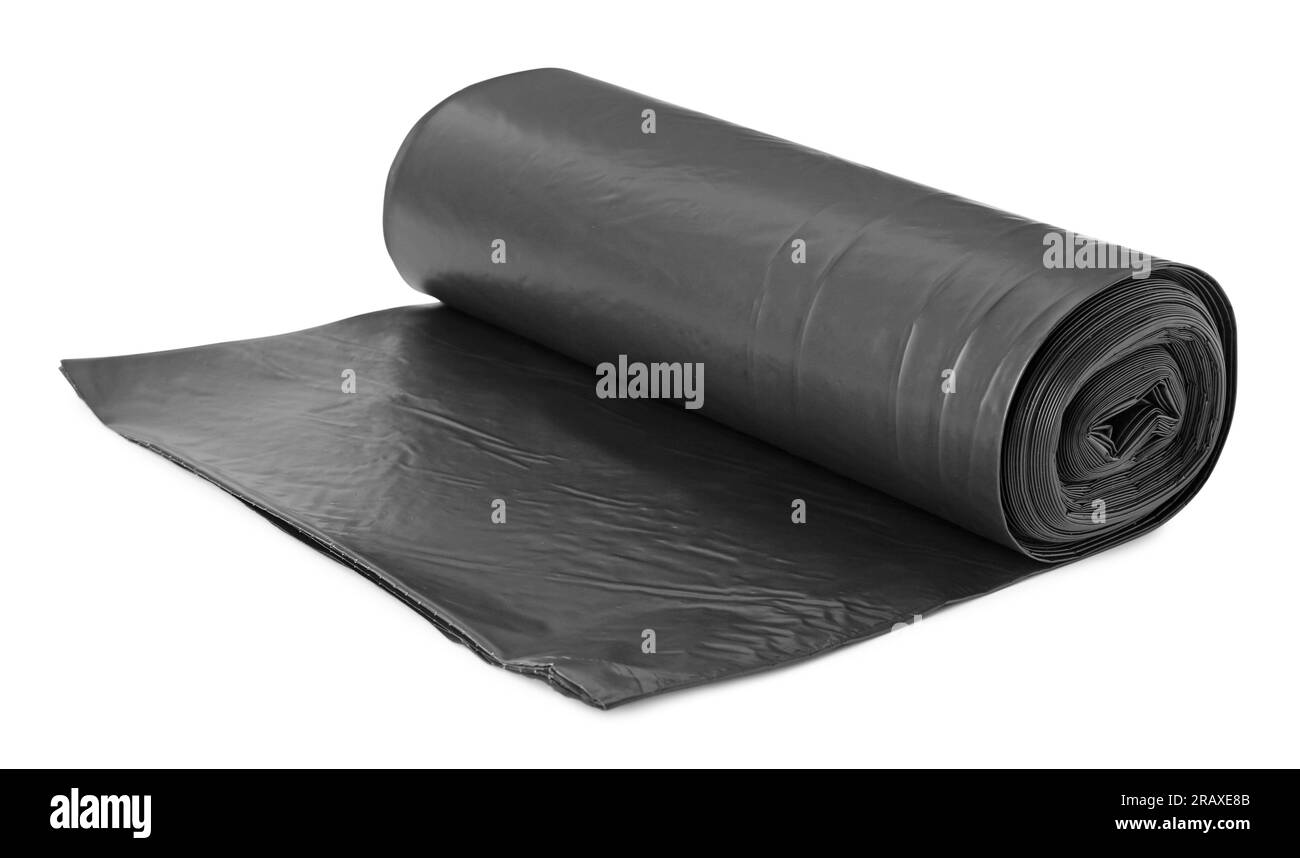 Roll of black garbage bags isolated on white Stock Photo Alamy